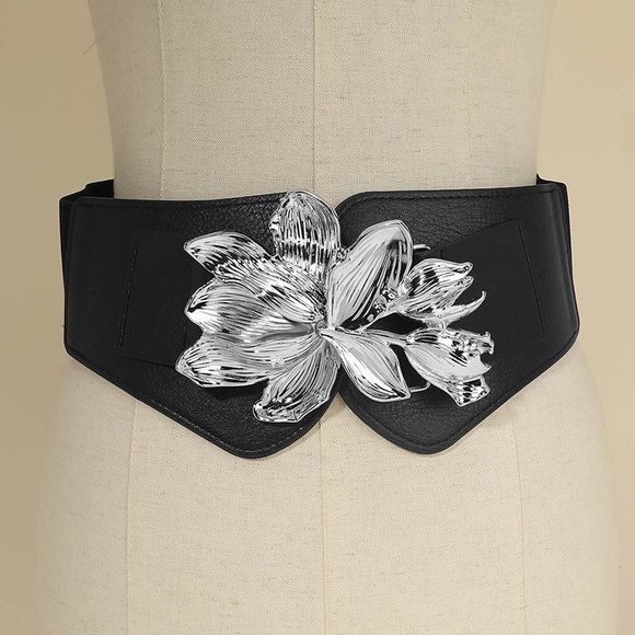 Gold or Silver Metal Floral Buckle Accent Wide Stretch Elastic Statement Belt main image 8